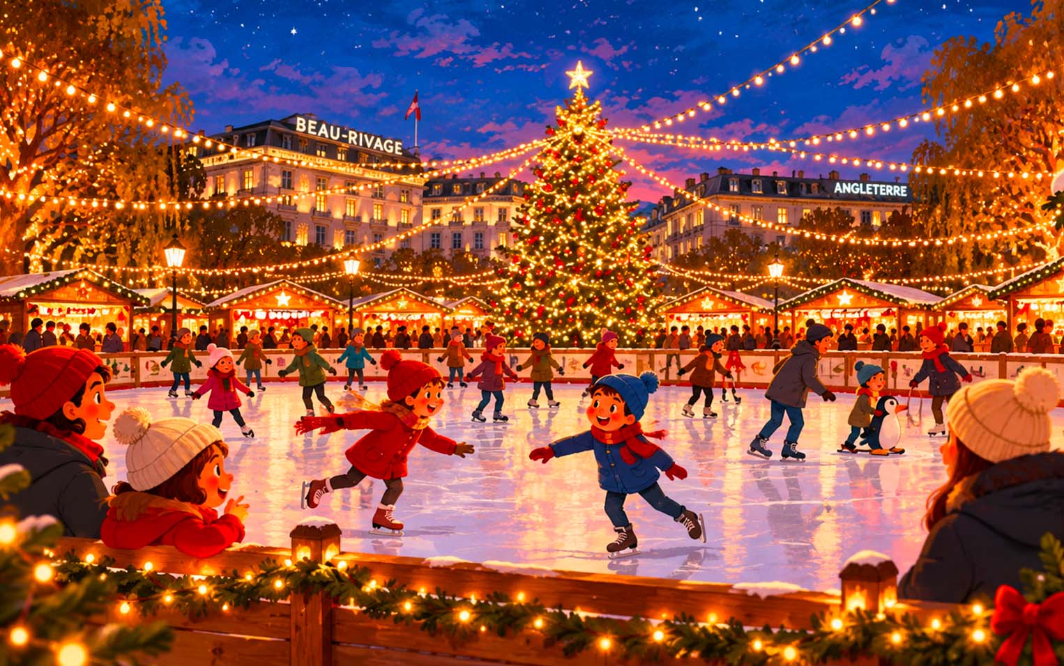 Skaters on the new ice rink at Noël au Quai, by the lake