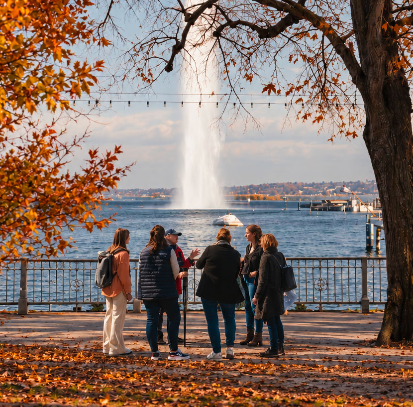 Ein Guide zeigt einer kleinen Gruppe das Genfer Seeufer, im Hintergrund der Jet d’Eau