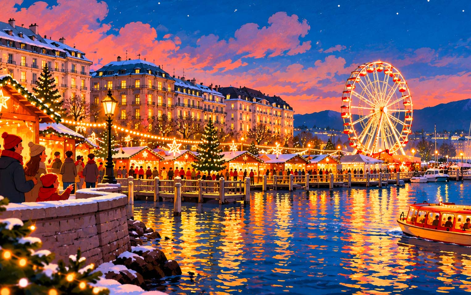 The illuminated Ferris wheel above the Christmas Market on Quai du Mont-Blanc